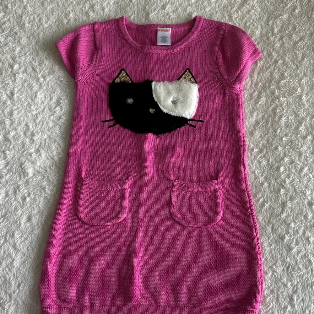 Gymboree girls size 5 fuzzy cat face pink sweater dress short sleeve cute